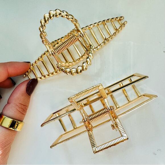 NEW ANTHROPOLOGIE Jumbo XL Rectangular Open Gold Metal Hair Claw Clip Set Duo 2 - Picture 11 of 11